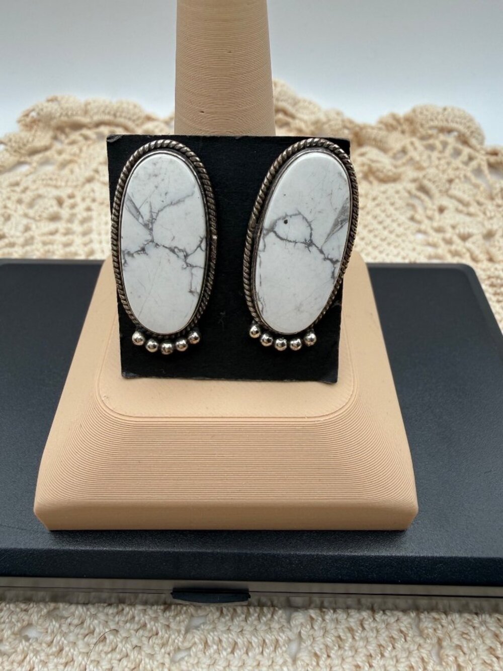 White Buffalo Oval Sterling Silver Plated Statement Earrings Rope Accents Boho